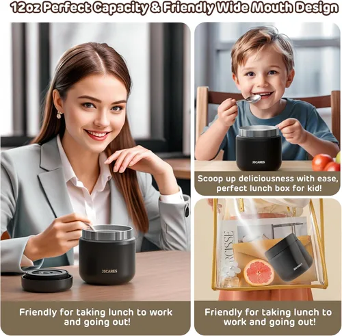 Miniatura 5 de JSCARES Frascos de Comida Aislados para Niños de 12oz para Comida Caliente, Frasco Térmico de Comida de Sopa de Boca Ancha Contenedor Térmico