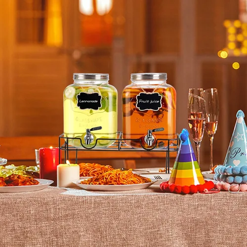 Miniatura 7 de Dispensador de bebidas de vidrio de 1.6 galones, 2 piezas dispensador de bebidas con soporte, dispensador de limonada con grifo de acero inoxidable