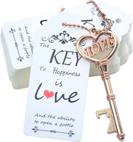 Makhry 52 piezas de abrebotellas de esqueleto vintage con etiquetas de acompañante de corazón de amor y llavero como recuerdo de boda para Oro rosa