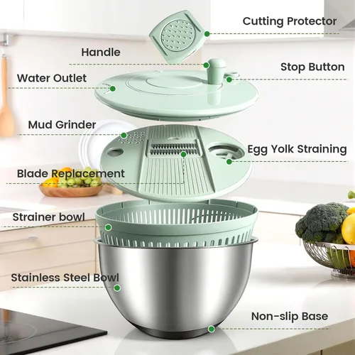 Miniatura 8 de Ensaladera de acero inoxidable 3 en 1, base antideslizante y parada con un solo toque, secadora de verduras para cocinas, fiestas y personas