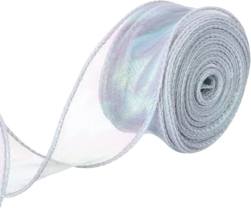 Miniatura 78 de MECCANIXITY - Cinta de organza con cable de 1 1/2" de ancho, brillante, transparente, con brillo irisado en tonos pastel, cinta de gasa para Beige