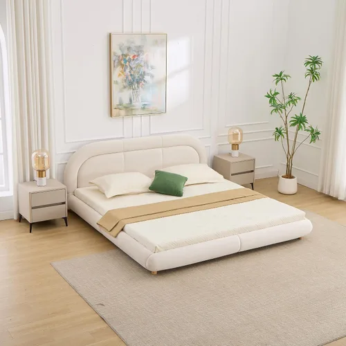 Miniatura 19 de Cama de Plataforma Tapizada con Forma Curva con Cabecera de Forma Curva, Marco de Cama de Madera Tamaño Full para Dormitorio de Niños y Adultos