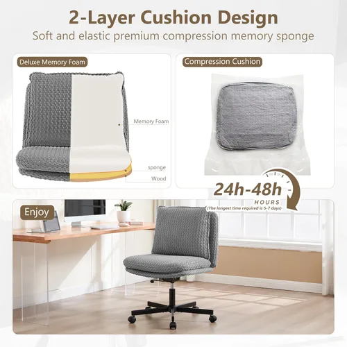 Miniatura 4 de Fizzin Silla cruzada sin brazos, con ruedas cruzadas, asiento de espuma viscoelástica con cojín de respaldo abatible, silla giratoria de respaldo