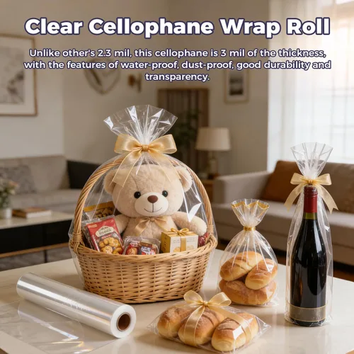 Miniatura 7 de GcFoir Rollo de celofán transparente de 34.5 pulgadas de ancho x 220 pies de largo, 3 mil de grosor de plástico transparente para cestas de regalo