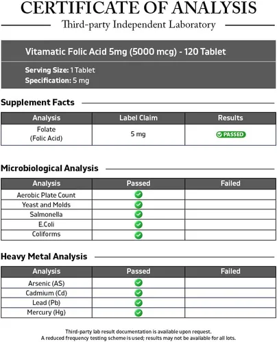 Miniatura 3 de Vitamatic Ácido fólico 5 mg (5000 mcg) – 120 tabletas vegetarianas por botella Paquete de 2 (total 240 tabletas) Vitamina B9 (Folato) Apoya