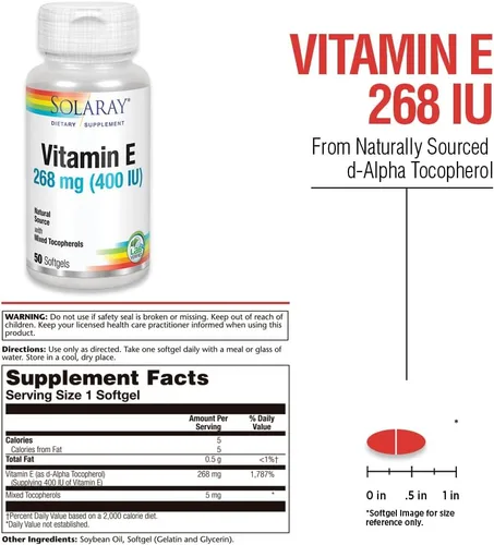Miniatura 3 de SOLARAY Vitamina E d-alfa tocoferol 268mg (400 UI) Salud del corazón y la piel, apoyo de la actividad antioxidante (50 CT)
