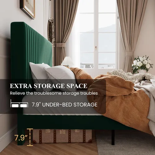 Miniatura 4 de SHA CERLIN - Base de cama tamaño Queen con cabecera acolchada tapizada en terciopelo y diseño acanalado vertical; plataforma de cama con soporte