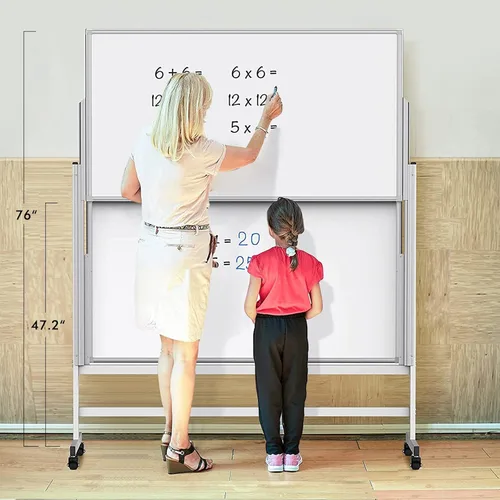 Miniatura 4 de maxtek Pizarra blanca de borrado en seco ajustable en altura, soporte de caballete rodante sobre ruedas, pizarra blanca móvil grande de 48 x 60
