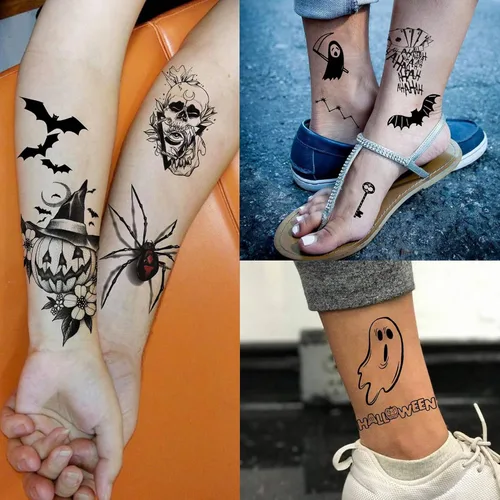 Miniatura 7 de 52 hojas de tatuajes temporales de Halloween para niños, niñas, mujeres, hombres, adultos, 3D de cara aterradora, calavera, tatuajes falsos