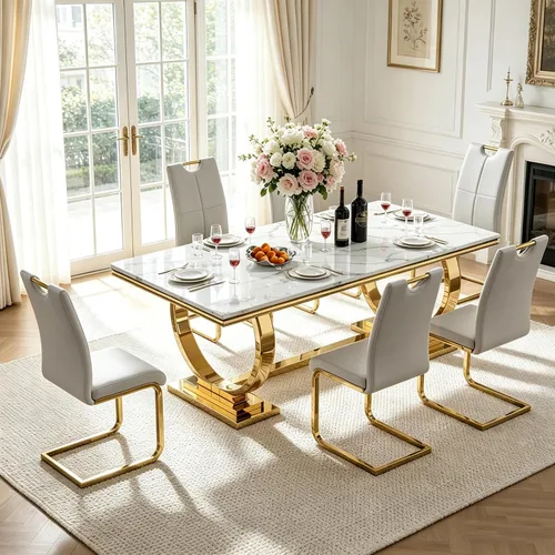 Miniatura 23 de Juego de mesa de comedor de mármol para 4, mesa de cocina rectangular de mármol blanco de 70 pulgadas con base en O de acero inoxidable dorado