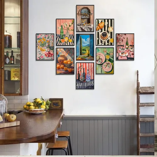 Miniatura 2 de 9 piezas de arte de pared de cocina coloridos alimentos para decoración de pared, fotos, bebidas, frutas, bar, carrito, lienzo, impresiones