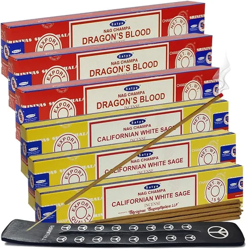 Miniatura 10 de Varillas de incienso de Sangre de Dragón y Palo Santo con soporte, paquete de variedad de la marca House of Nag Champa y Trumiri