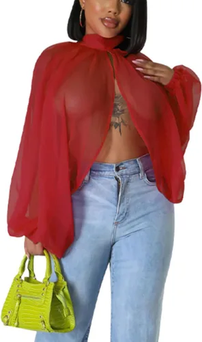 Miniatura 14 de Tops Sexys para Mujer Fiesta Club Noche con Mangas de Murciélago de Gasa Transparente con Lazo Trasero en la Parte Frontal Camisas de Mujer Casuales