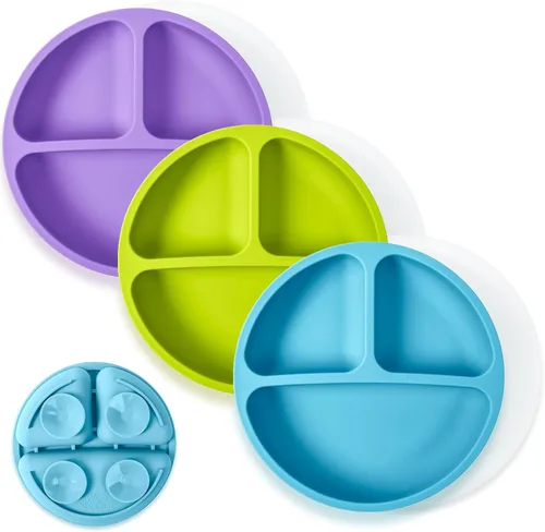Miniatura 30 de WeeSprout - Platos de succión para bebés y niños pequeños con tapas, 100% silicona, diseño dividido para comedores selectivos, aptos para microondas
