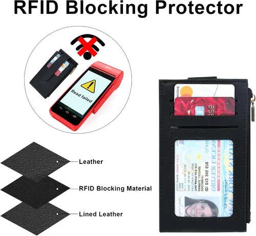 Miniatura 6 de Chelmon Cartera de mujer delgada con bloqueo RFID, billetera plegable con varios compartimientos para tarjetas con bolsillo con cremallera, Negro