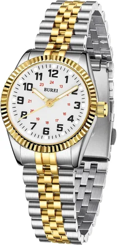 Miniatura 14 de BUREI Reloj de negocios para mujer con fecha de día, movimiento de cuarzo analógico, pulsera de acero inoxidable de oro plateado, reloj de moda