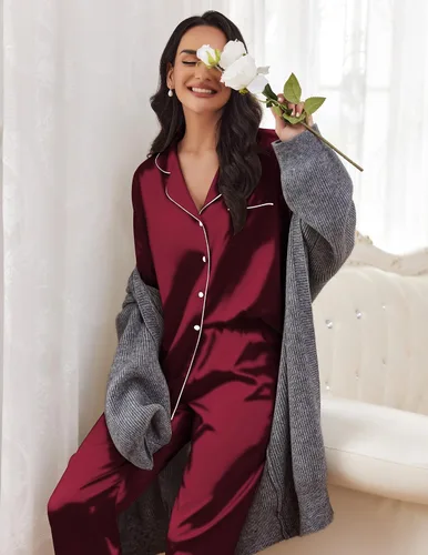 Miniatura 3 de Ekouaer Conjunto de pijama de satén largo clásico de verano para mujer