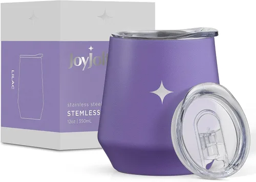 JoyJolt Vaso de vino con triple aislamiento con tapa de 12 onzas, tapa deslizante y con pajita. Vaso de vino de acero inoxidable de doble pared al