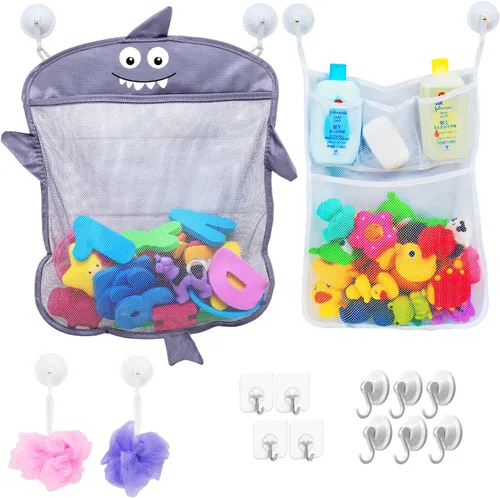Miniatura 8 de Comfylife Organizador de juguetes de baño para bebé, tiburón, 36 letras y números de baño, red de almacenamiento de juguetes de baño adicional y 10