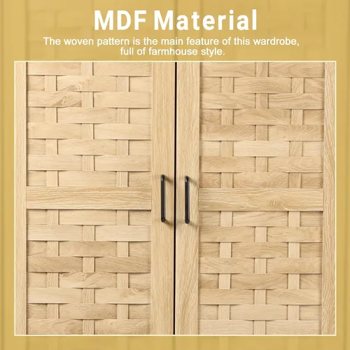 Miniatura 5 de LEVNARY Armario con 2 puertas tejidas, armario con 2 cajones de almacenamiento y riel para colgar, armario de madera independiente para dormitorio