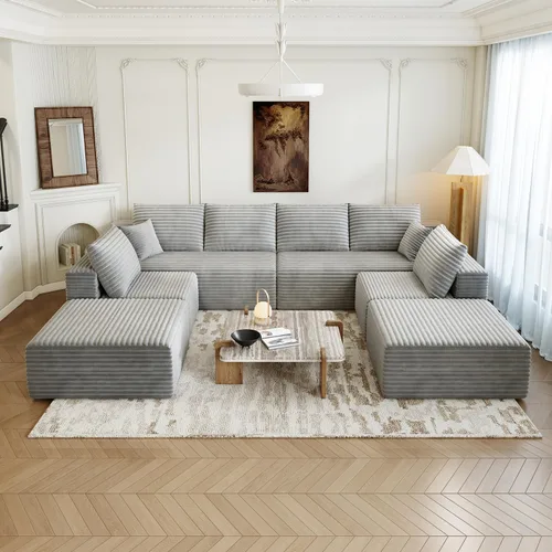 Miniatura 6 de Sofá seccional modular de 139.4 pulgadas, sofás minimalistas en forma de U de gran tamaño con 2 otomanas chaise y 2 asientos centrales, juego Gris