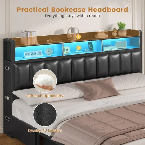 Miniatura 4 de ADORNEVE Base de cama tamaño King con 10 cajones de almacenamiento y cabecera tipo estantería RGB, cama King tapizada en PU con estación de carga