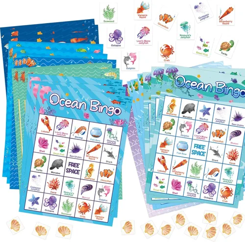 Miniatura 8 de Fancy Land Juego de bingo oceánico para 24 jugadores para niños, suministros de juegos de fiesta bajo el mar