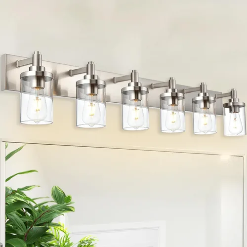Miniatura 12 de Lámpara de tocador moderna negra para baño, 5 luces de baño, sobre espejo con pantalla de vidrio transparente, lámpara de montaje en pared, luces