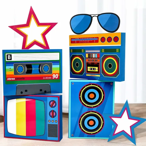 Weekgrat Juego de 7 piezas de decoraciones de fiesta de los años 80 y 90 en 3D, juego de recuerdos de hip hop, cajas de casete de papel para retro