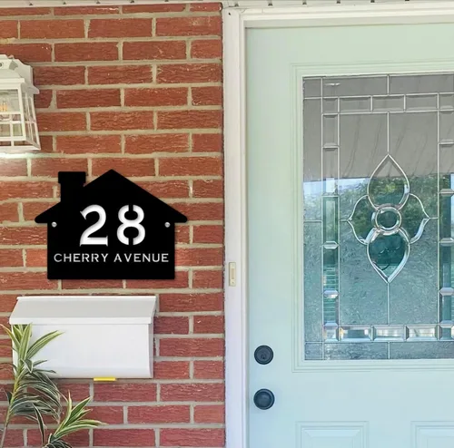 Miniatura 3 de Letrero de número de casa con forma de casa contemporánea personalizada con números y nombre de calle, placa de forma de casa, placa de dirección