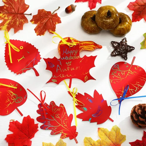 Miniatura 3 de BBTO 50 hojas de otoño coloridas hojas de rascar con cintas y lápiz capacitivo de madera para fiesta de cosecha de Acción de Gracias (rojo)