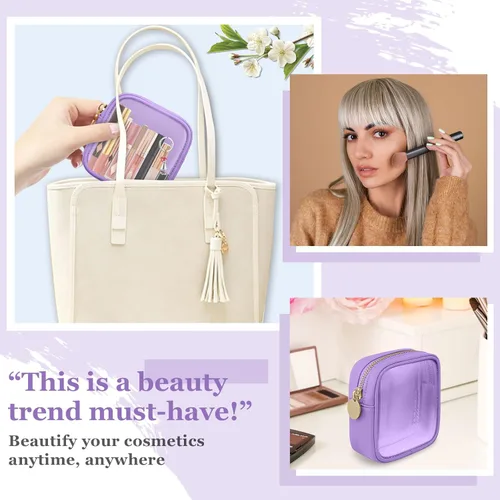 Miniatura 7 de izuzta Bolsa de Maquillaje Pequeña de Nylon, Linda Bolso de Cosméticos Mini, Bolso de Cremallera Preppy, Púrpura, Mini Púrpura-Transparente