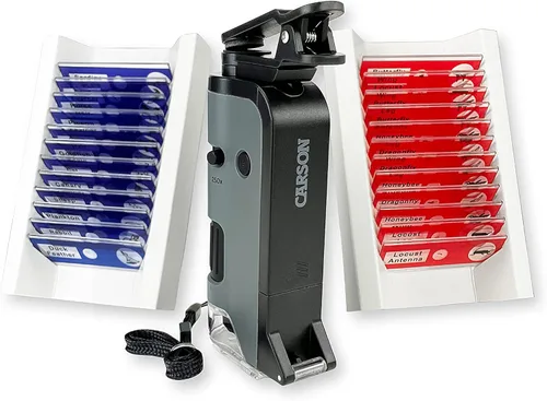 Carson MicroFlip 100x-250x - Microscopio de bolsillo con luz LED y UV con base deslizante abatible y adaptador con aplicación CarsonCam para