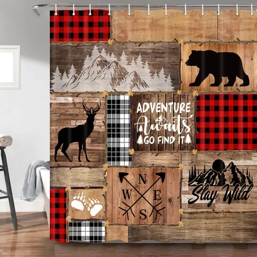 Miniatura 8 de Torich Juego de cortinas de ducha de oso rústico, diseño de bosque y bosque, caza, animales, cabaña, tablero de madera, decoración de baño