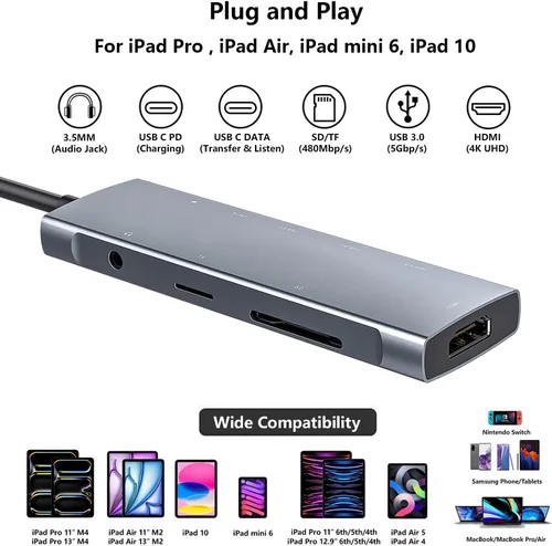 Miniatura 2 de Adaptador USB C HUB para iPad Pro 9 en 1 iPad Pro M4 M2 M1 13 12.9 11 pulgadas iPad Air 5 4 estación de acoplamiento con 4K HDMI, USB-C PD, lector