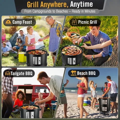 Miniatura 7 de Ahumador de carbón para carne: Parrillas de carbón para barbacoa 4 en 1 resistentes de 16 pulgadas - Combo de parrilla vertical para ahumar barbacoa