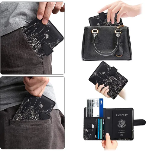 Miniatura 7 de WALNEW Funda para pasaporte, funda para pasaporte, tarjeta, cartera, C-black Flowers, Estilo C