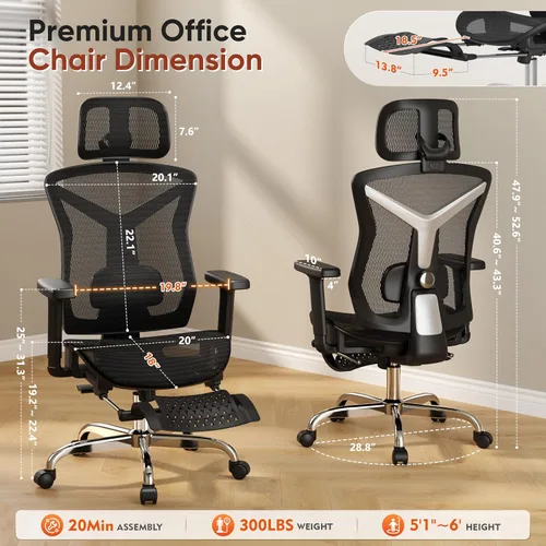 Miniatura 2 de Silla de oficina ergonómica con reposapiés, silla de escritorio cómoda con soporte lumbar ajustable 3D y reposabrazos y reposacabezas, inclinación