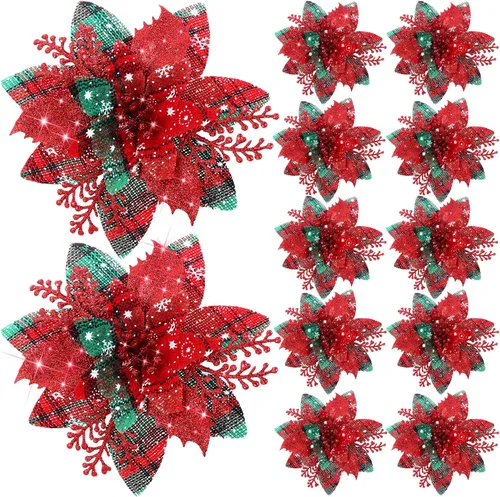Miniatura 17 de Canlierr 12 piezas flores de Pascua de Navidad de 5.7 pulgadas con purpurina, flores artificiales con clips, adorno de árbol de Navidad para corona