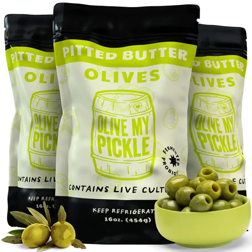 Olive My Pickle Green Olives - Mantequilla sin hueso, 48 onzas, paquete de 3 unidades de aceitunas Castelvetrano saludables de cultivo vivo sin