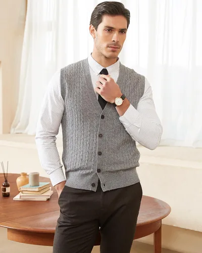 Miniatura 5 de Kallspin Suéter de punto trenzado para hombre, chaleco de mezcla de lana, cuello en V, con botones, sin mangas