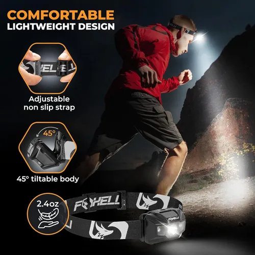 Miniatura 4 de Foxelli Linterna frontal LED recargable USB‑C – Ultraligero 2.4 oz y brillante 180 lúmenes – Luz roja/blanca, 5 modos, IPX5 impermeable, 40 horas