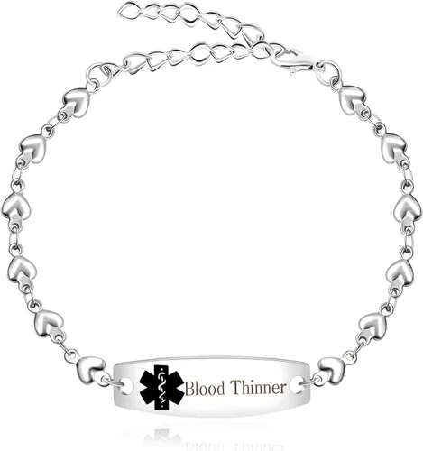Miniatura 14 de Pulsera de símbolo médico de plata grabada con láser, alerta de salud grabada en forma de corazón, adecuada para primeros auxilios de emergencia