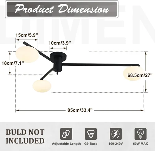 Miniatura 4 de Lámpara de araña moderna Sputnik de 3 luces con pantalla de vidrio lechoso - Lámpara de techo empotrada negra para cocina