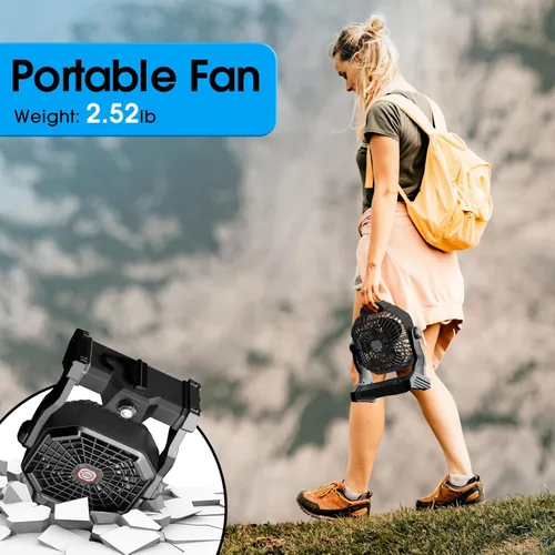 Miniatura 6 de JINLICTE Ventilador de Camping con Linterna LED, 20000 mAh, 9 Pulgadas, Ventilador Portátil Recargable con Batería, con Velocidad Variable y Negro