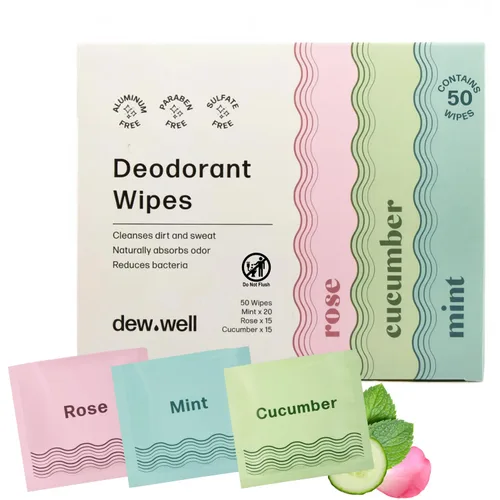 Dew Well Toallitas desodorantes – Desodorante de viaje para llevar – Toallitas corporales con aromas de menta fresca, rosa y pepino para mujer –