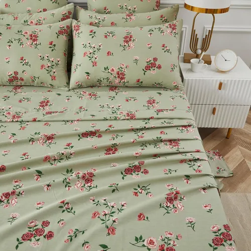 FADFAY Juego de sábanas de cama tamaño King 100% algodón, color verde salvia, patrón floral de rosas rojas de campo francés, ropa de cama de lujo