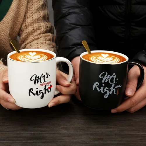 Miniatura 4 de Tazas de café para parejas Mr Right Mrs Always Right - Tazas de cerámica de mármol para despedida de soltera, boda, aniversario, día de San Valentín