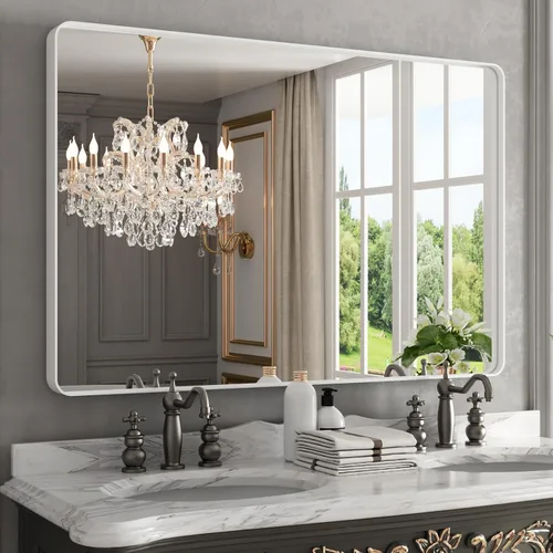 Miniatura 16 de WEER - Espejo de baño dorado, espejo de 40x32 pulgadas con marco de metal dorado cepillado, espejo de tocador de baño de oro para pared
