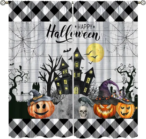 Miniatura 9 de Cortinas de Halloween naranja y negro de telaraña para sala de estar y dormitorio, decoración de panel de cortina de puerta para decoración